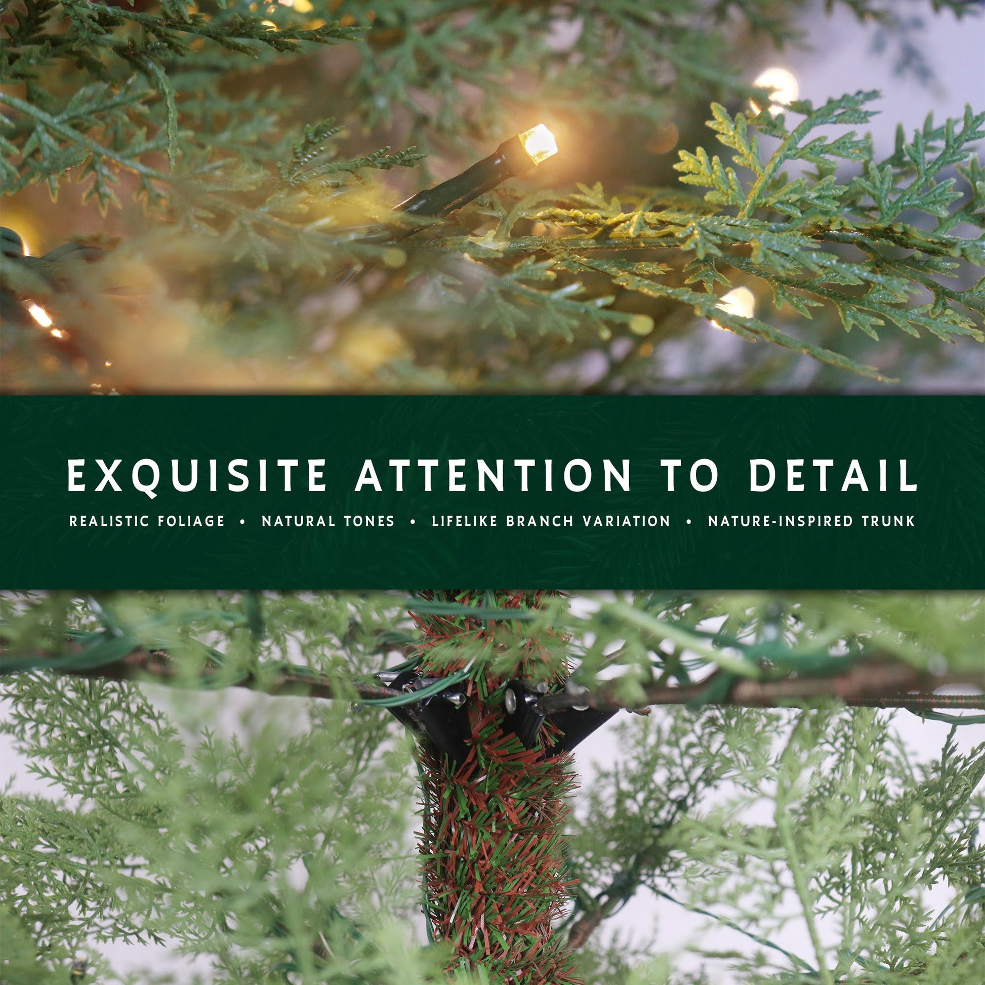 Detailed close-ups of the artificial cypress tree's realistic foliage, natural tones, and trunk.
