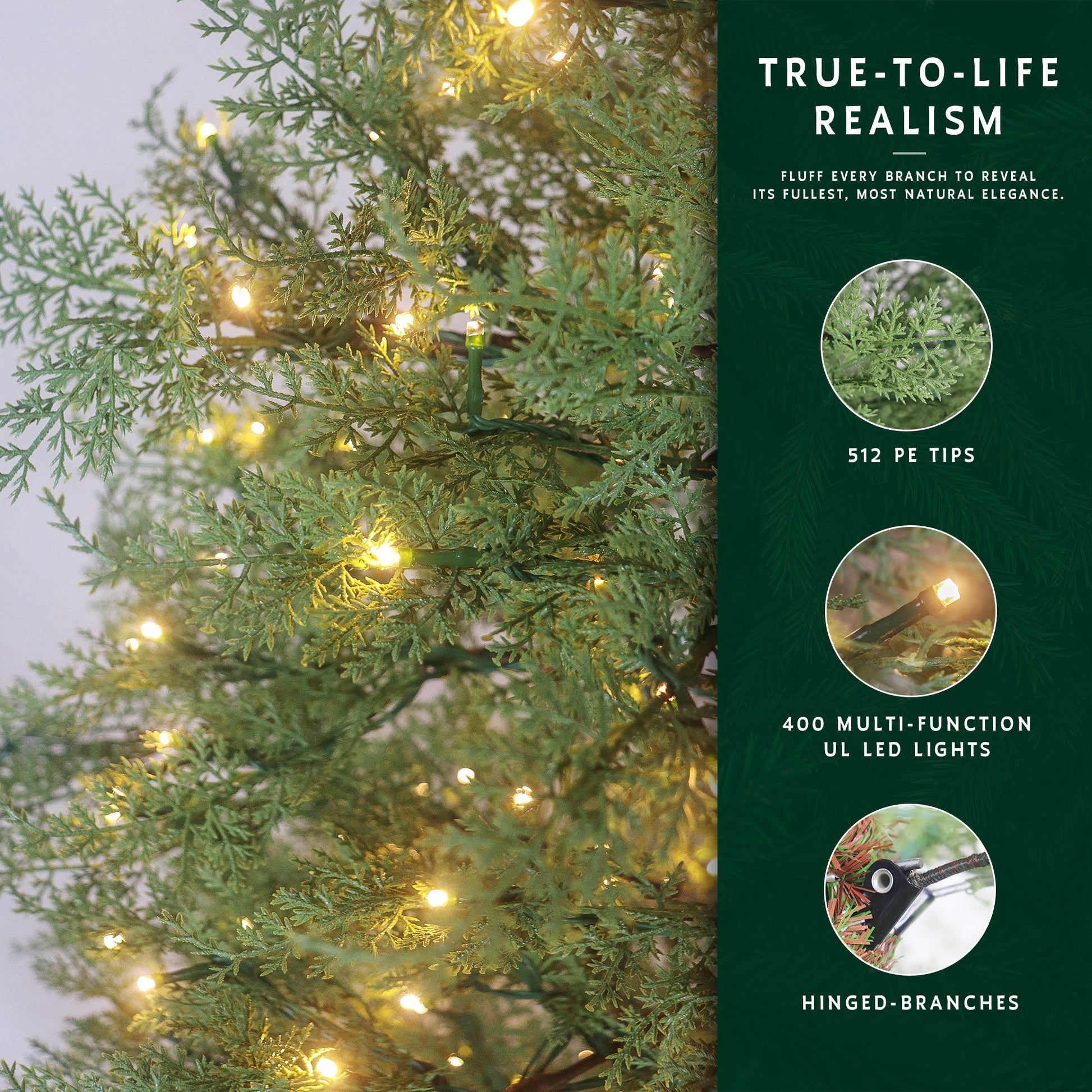 Features of the cypress Christmas tree, showing realistic PE tips and 400 multi-function UL LED lights.