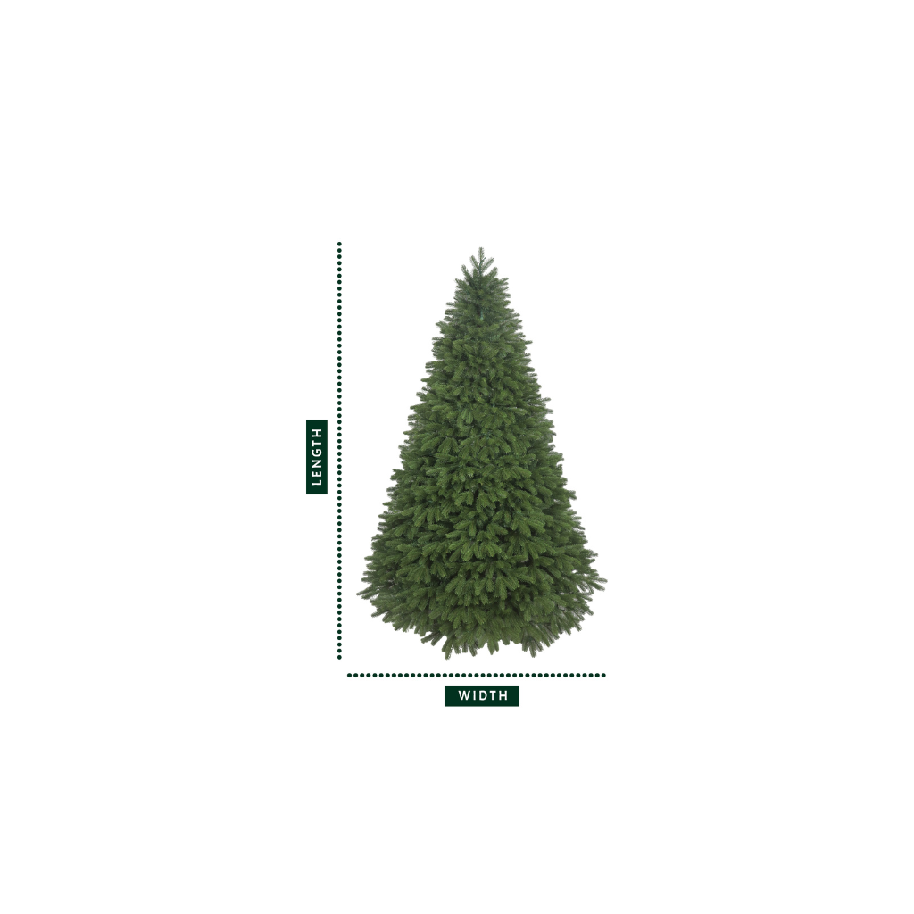 Full profile of the unlit classic christmas tree with a diagram showing its length and width.