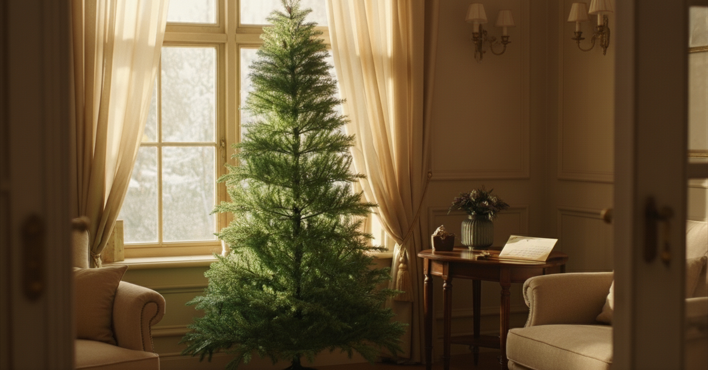 A realistic Hearth & Fir artificial Christmas tree in a cozy, warm-lit room with snow outside the window.