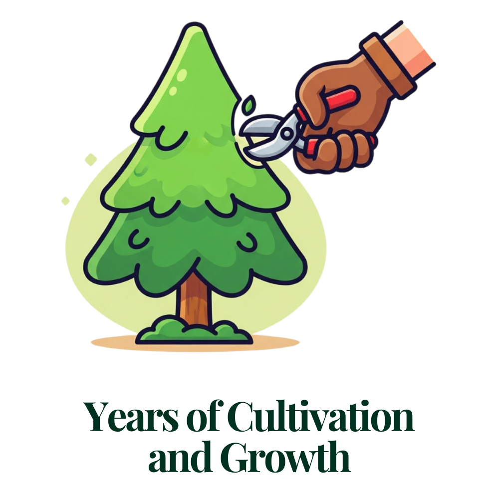 Cartoon illustration of a hand pruning a growing Christmas tree.