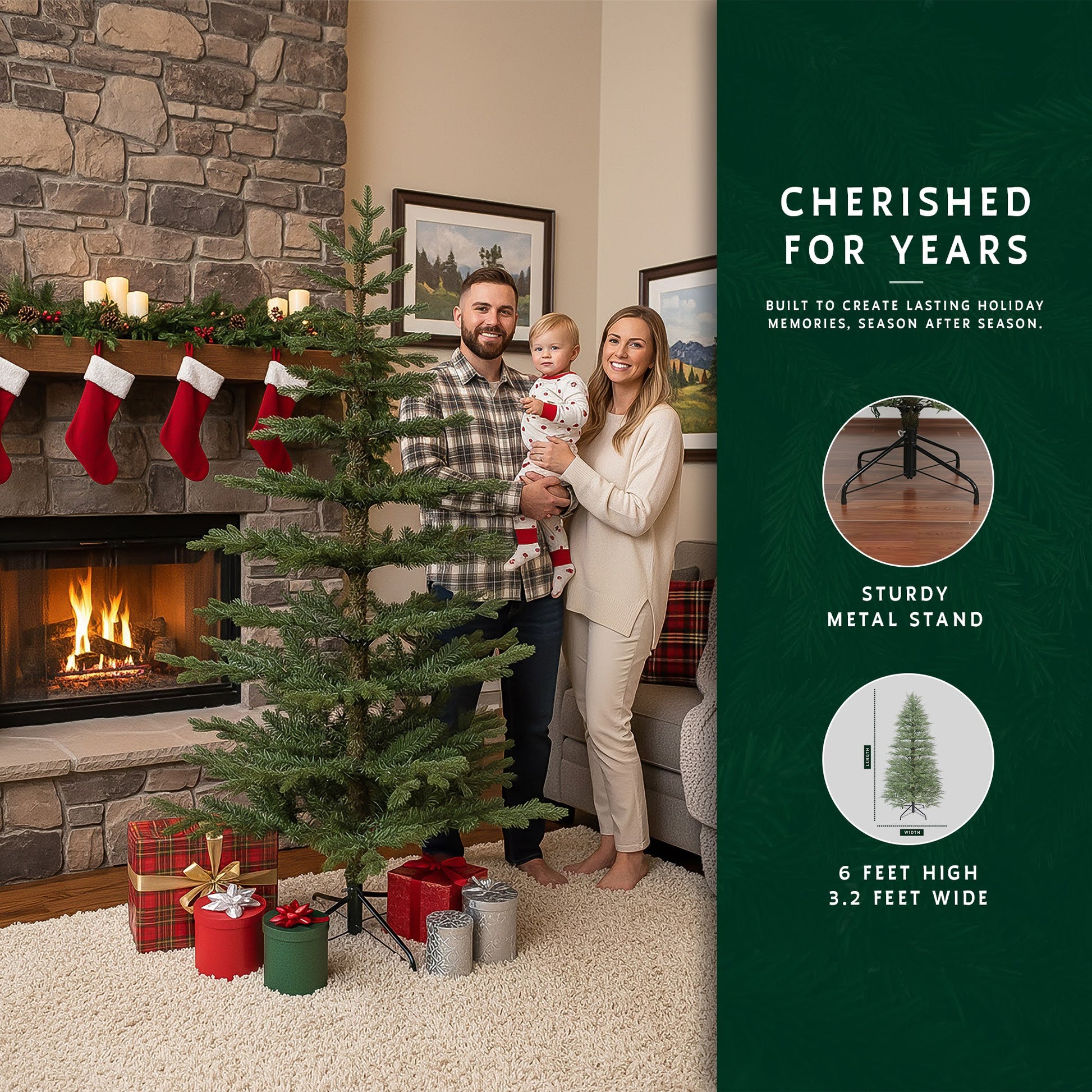 A family smiling next to their 6-foot unlit skinny Christmas tree in a festively decorated living room.