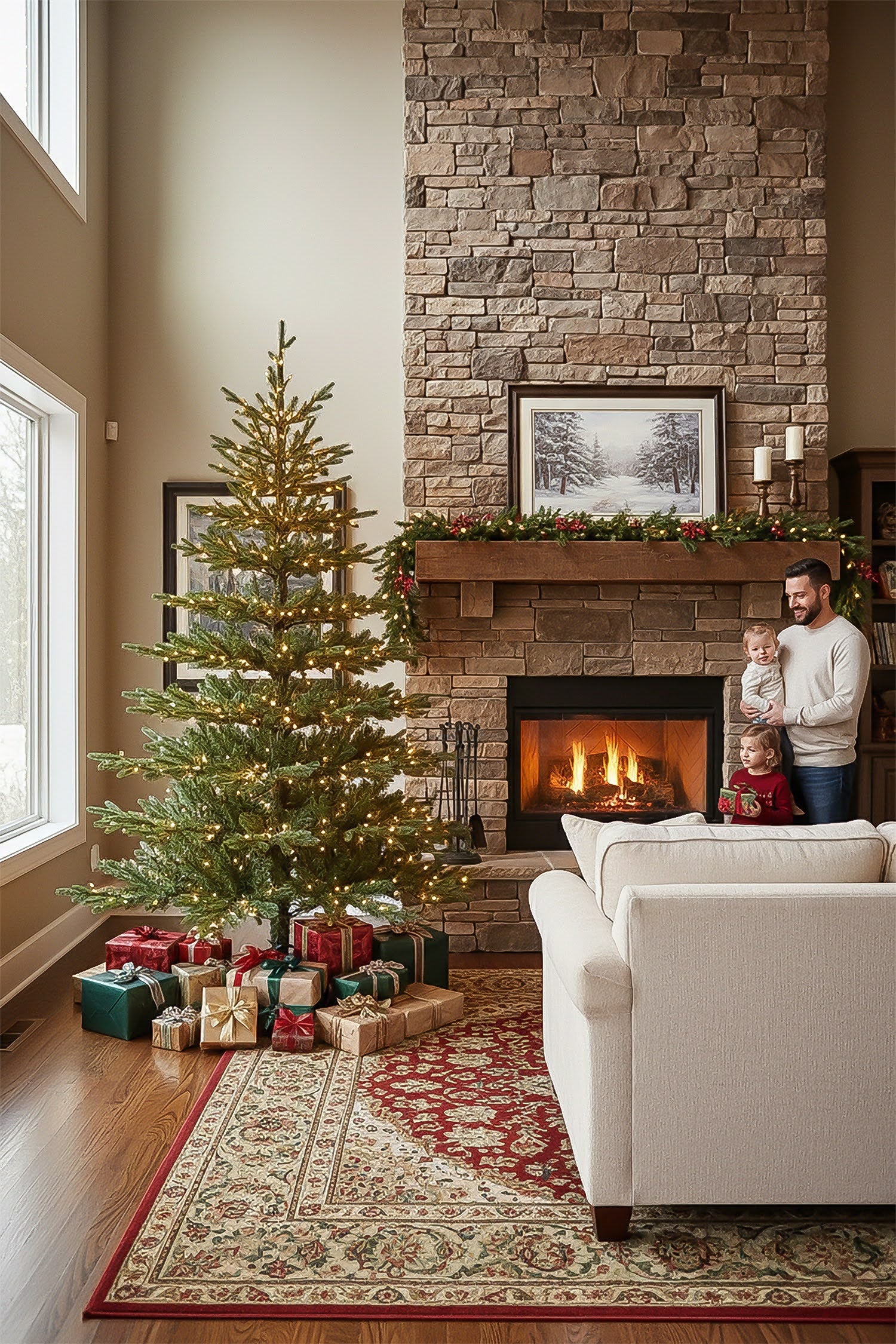 A father and two children enjoying their 9-foot pre-lit skinny Christmas tree by a cozy stone fireplace.