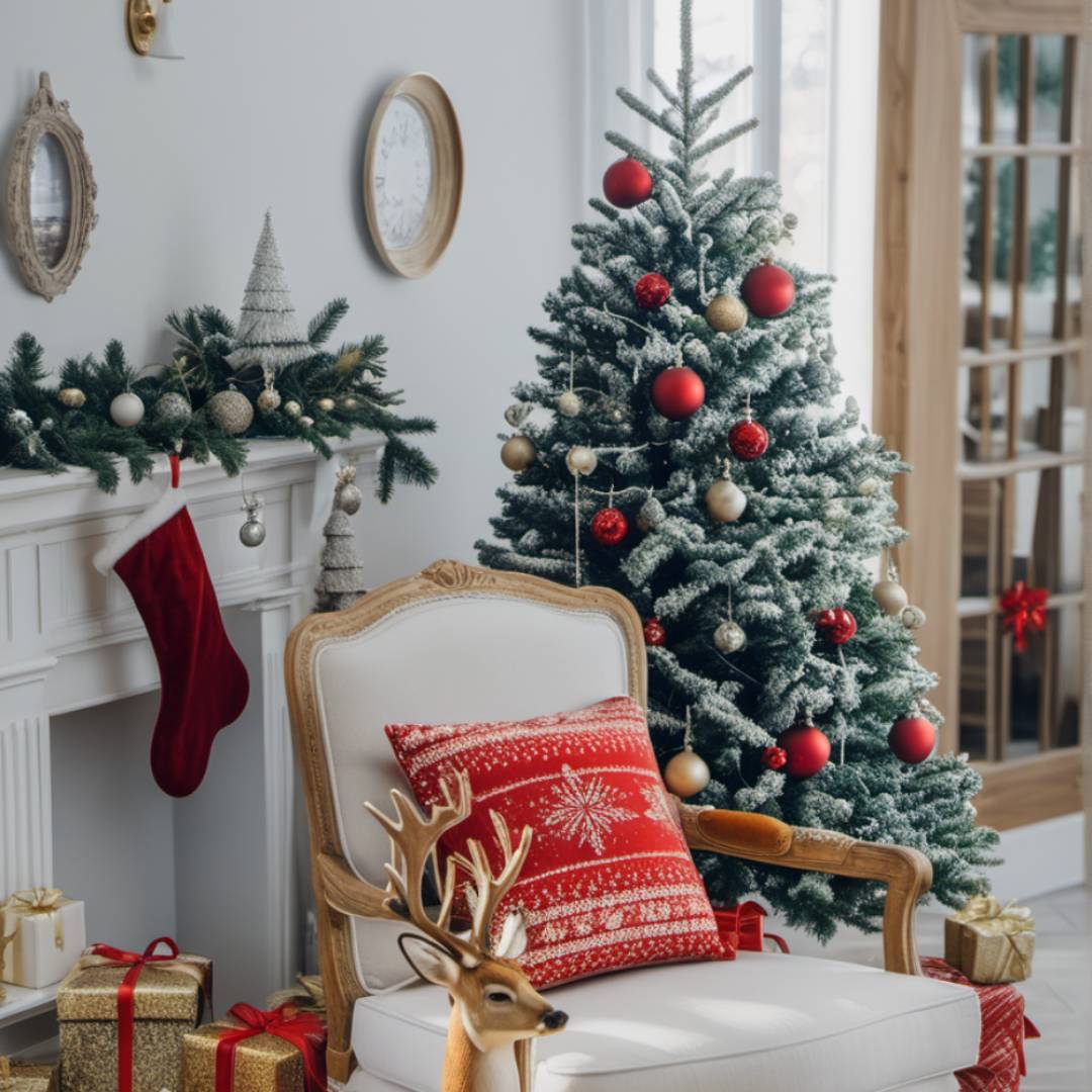 Flocked Christmas Tree with Red and gold ornaments and gifts