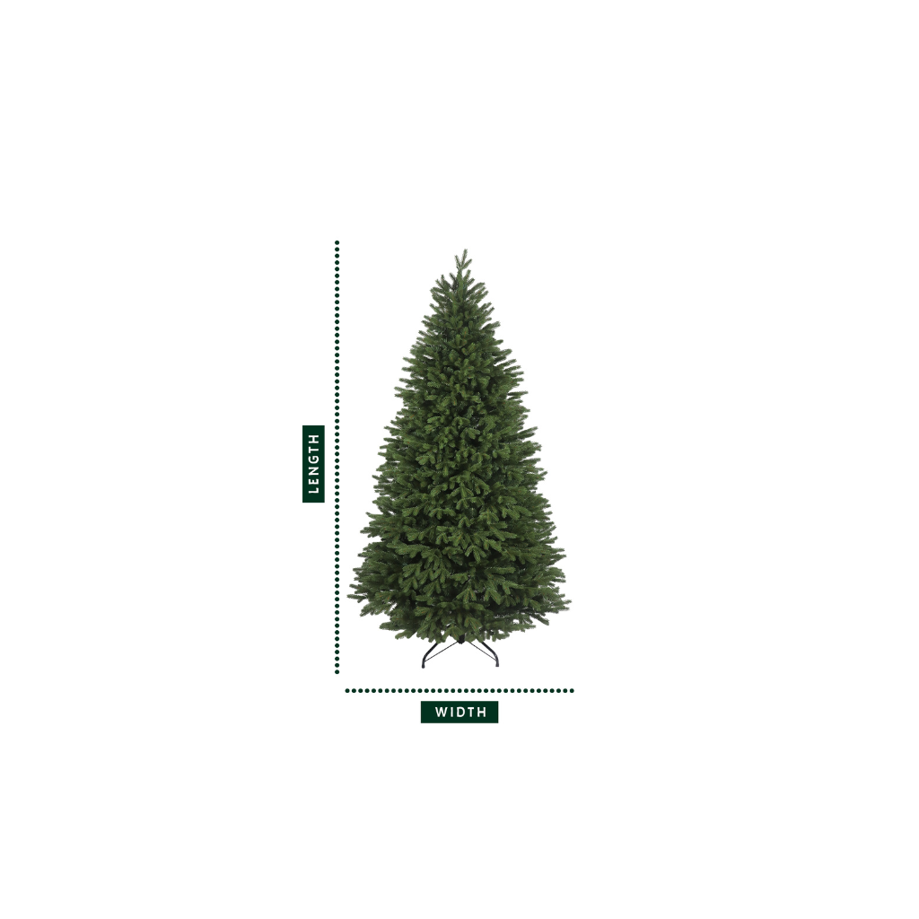 Full profile of the Heartland Grand Slim Christmas Tree with a diagram showing its length and width.