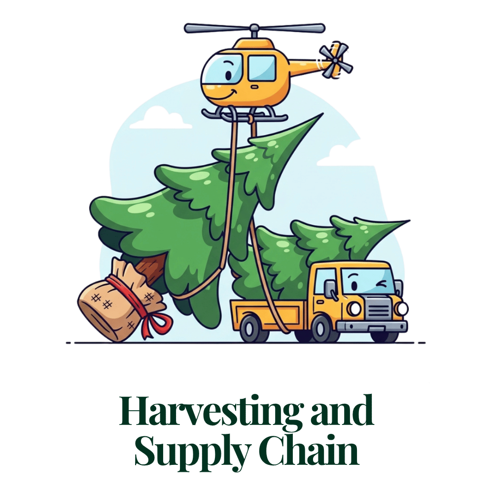Cartoon illustration of a helicopter carrying a Christmas tree and a truck hauling trees.