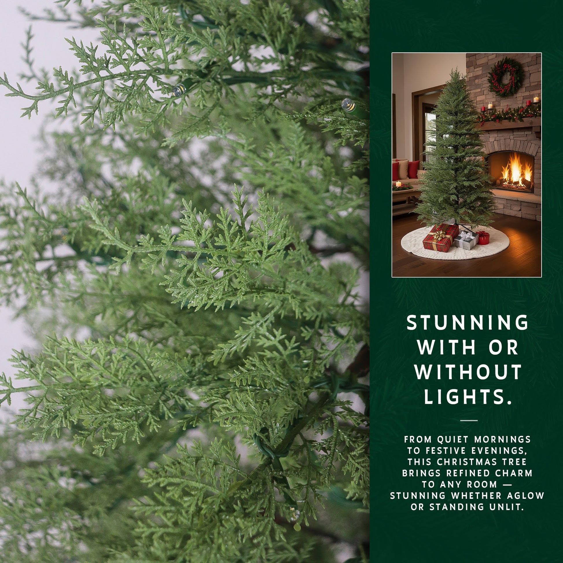 A close-up showing the detailed, realistic green foliage of the artificial cypress Christmas tree branches.