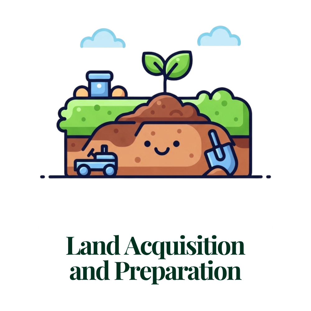 Cartoon illustration of land acquisition and preparation for growing Christmas trees.