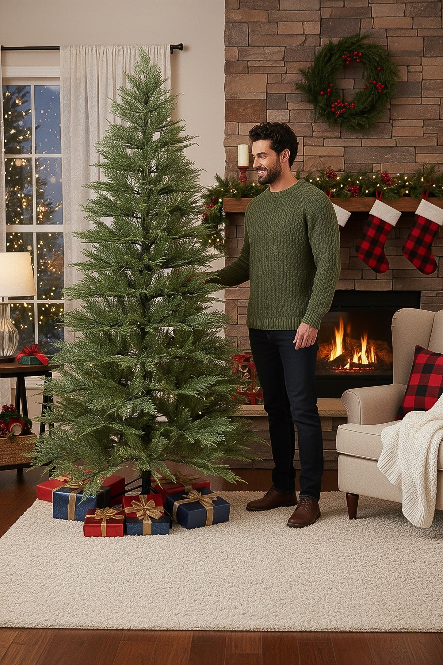 A man admiring the realistic branches of an unlit cypress Christmas tree in a festive living room.