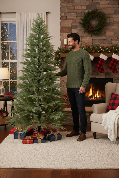 A man admiring the realistic branches of an unlit cypress Christmas tree in a festive living room.