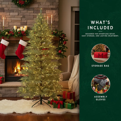 A lit cypress Christmas tree in a cozy room, with an insert showing the included storage bag and assembly gloves.