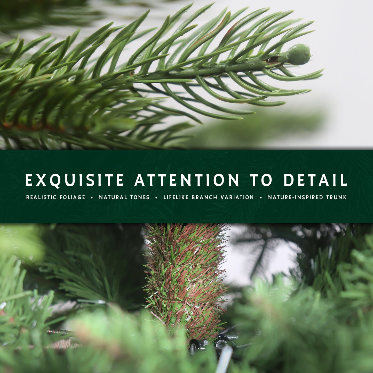 Close-up details of the noble fir christmas tree, showing its realistic foliage and nature-inspired trunk.