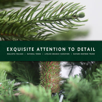 Close-up details of the noble fir christmas tree, showing its realistic foliage and nature-inspired trunk.