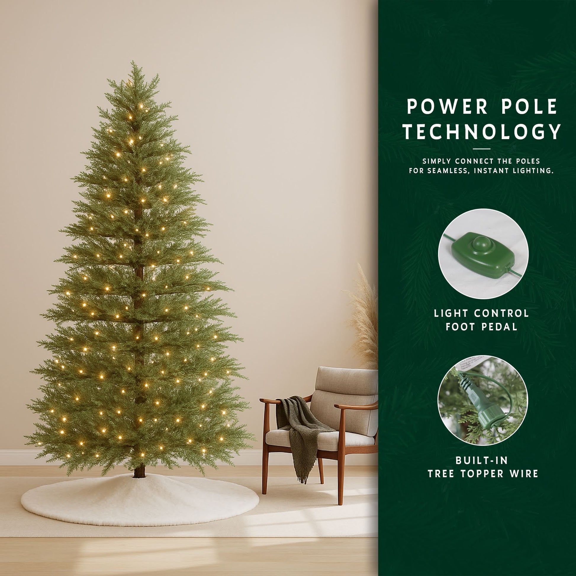 Infographic showing power pole technology, a light control foot pedal, and a built-in tree topper wire.