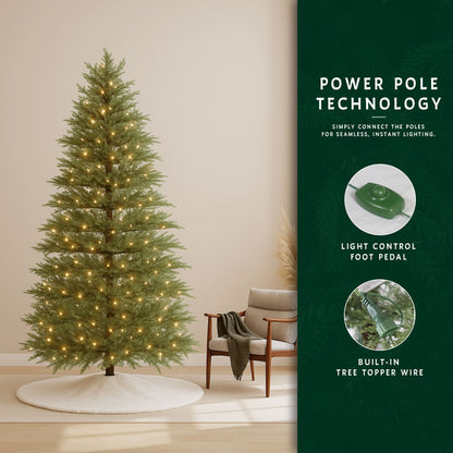 Infographic showing power pole technology, a light control foot pedal, and a built-in tree topper wire.