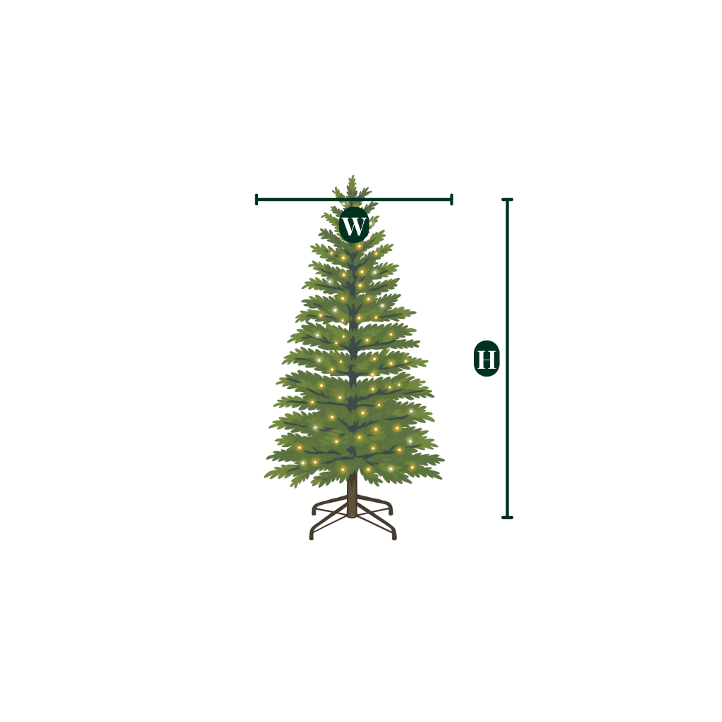 A graphic showing the height and width dimensions of the pre-lit Cypress Christmas tree.