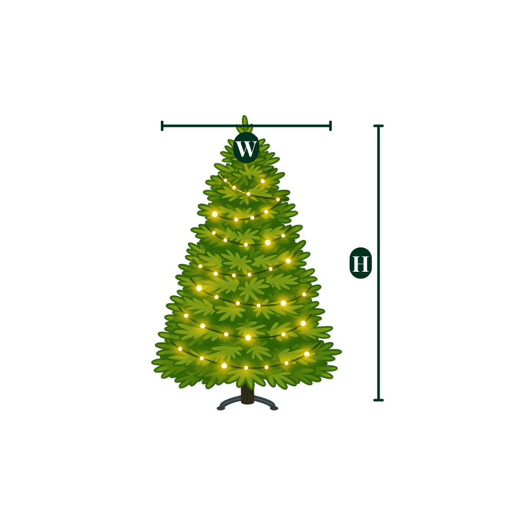 A graphic showing the height and width dimensions of the pre-lit Fraser Fir Christmas tree.