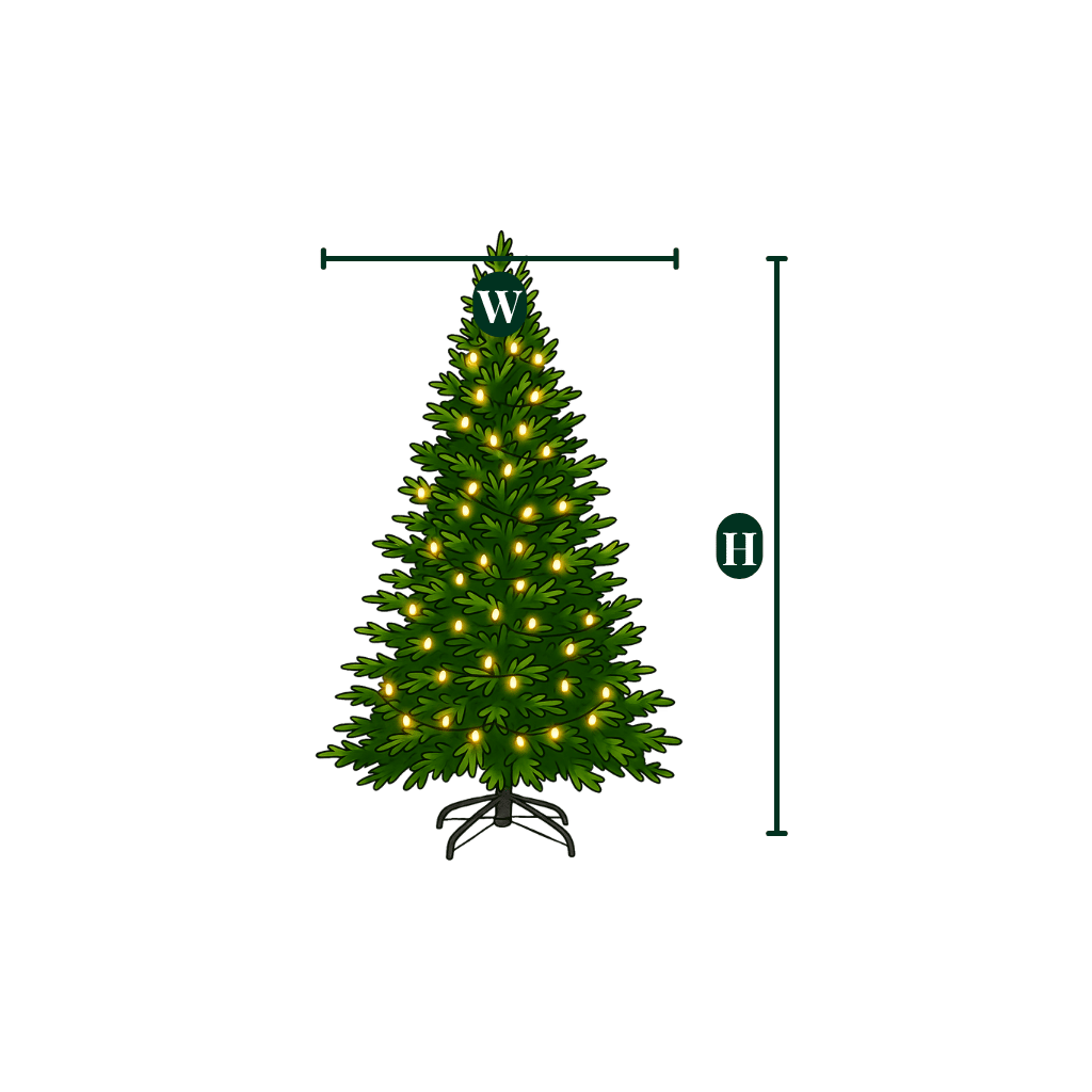 A graphic showing the height and width dimensions of the pre-lit Grand Slim Christmas tree.