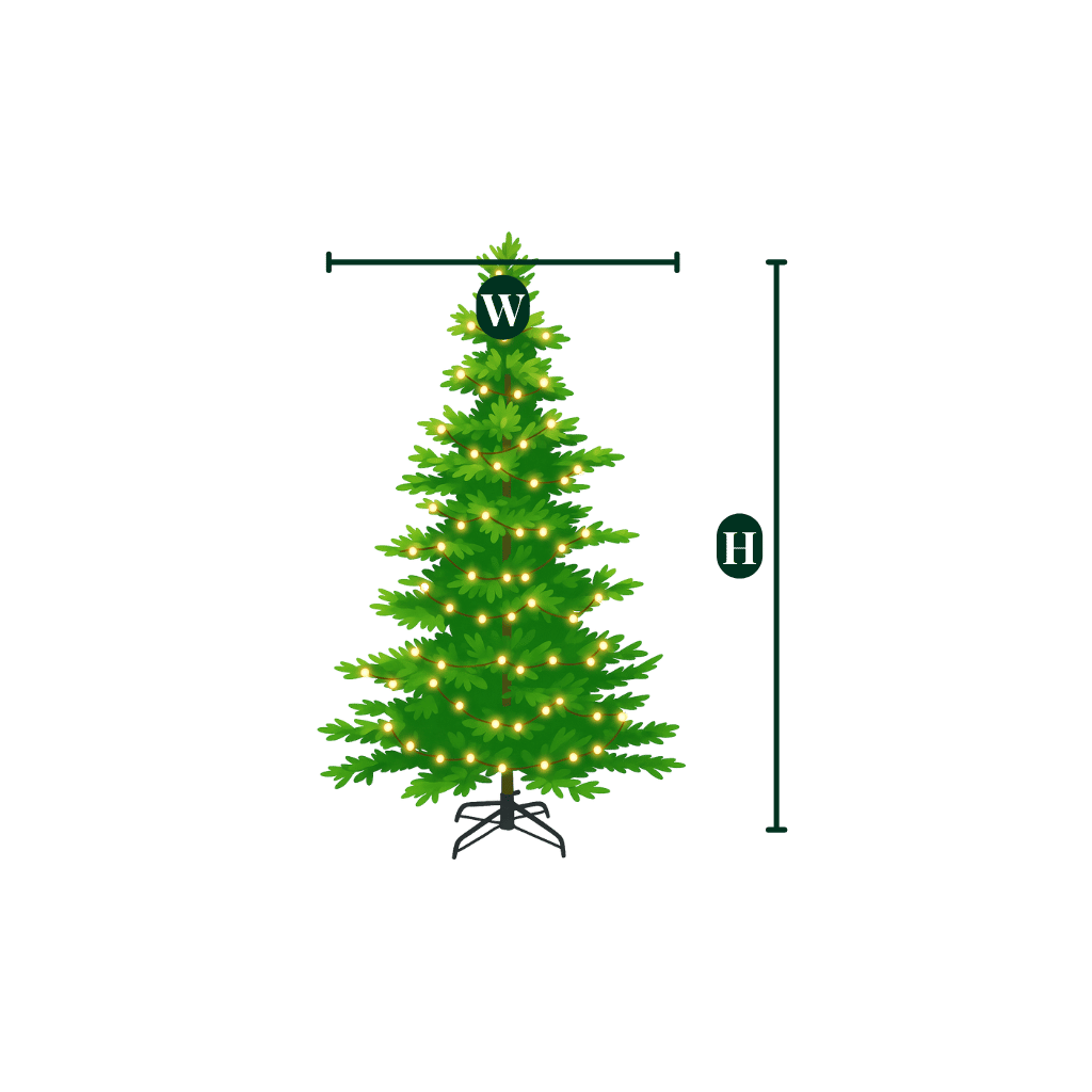 A graphic showing the height and width dimensions of the pre-lit Noble Fir Christmas tree.