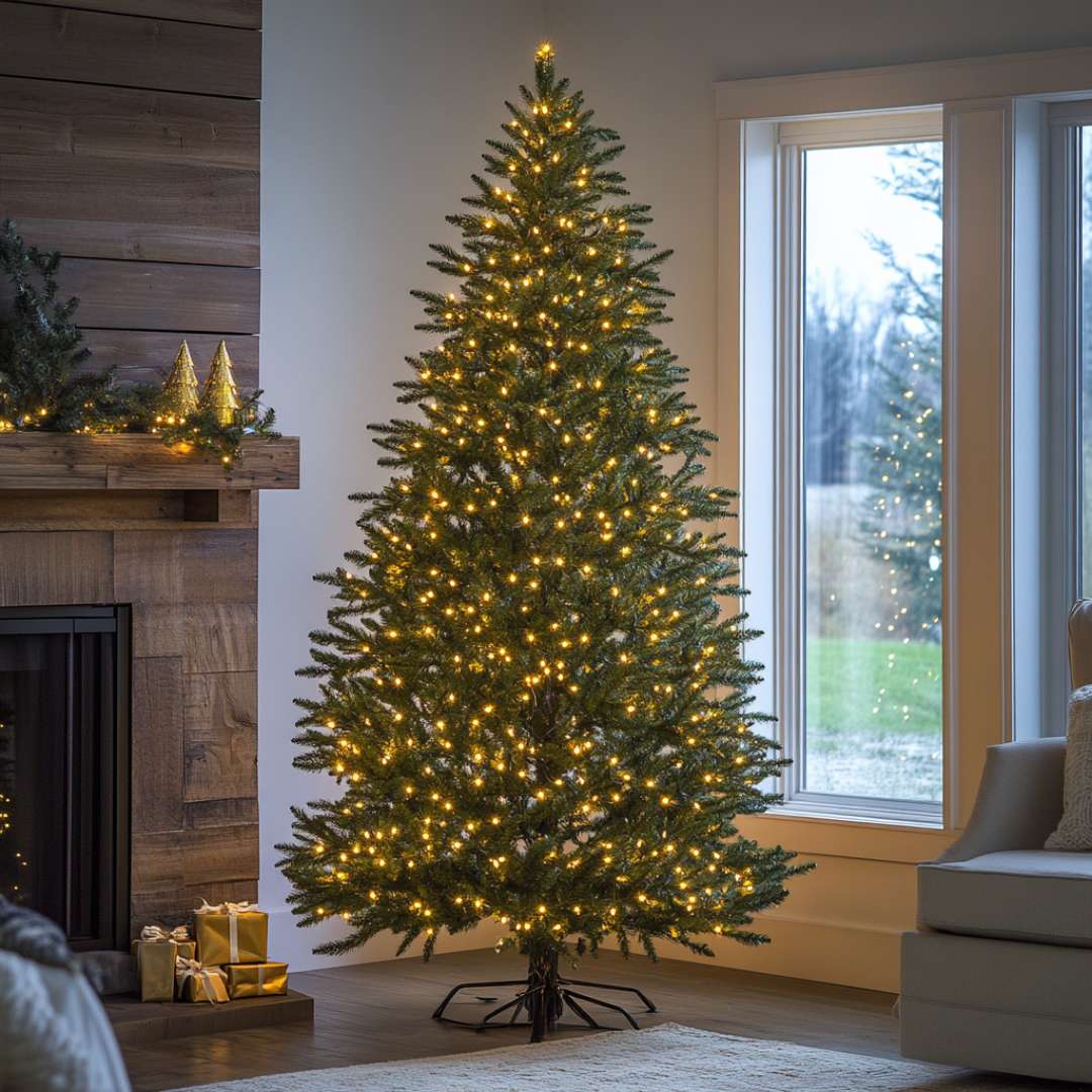 Pre-lit Christmas Tree with warm LED lights and gold gifts