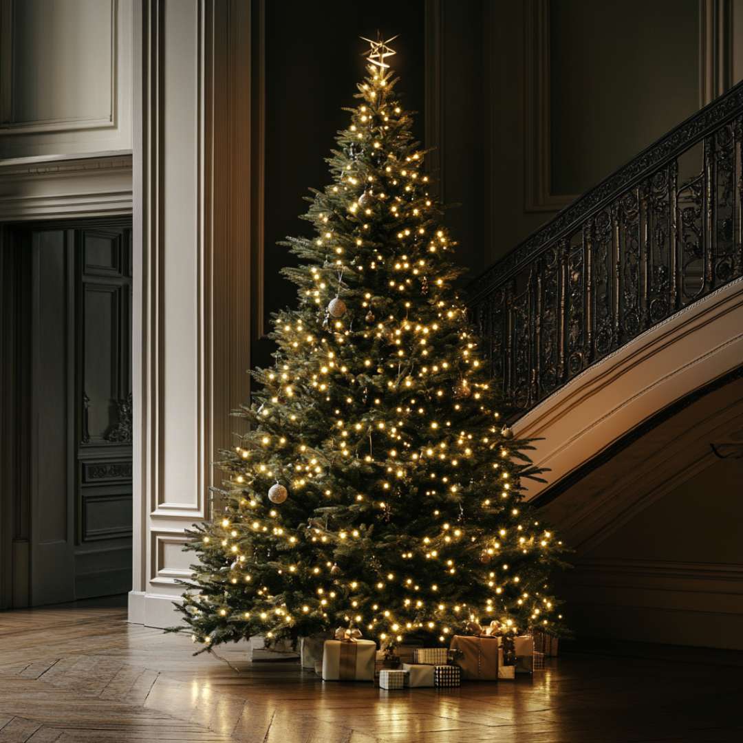 Pre-lit Christmas Tree with warm fairy lights and star topper with gold gifts