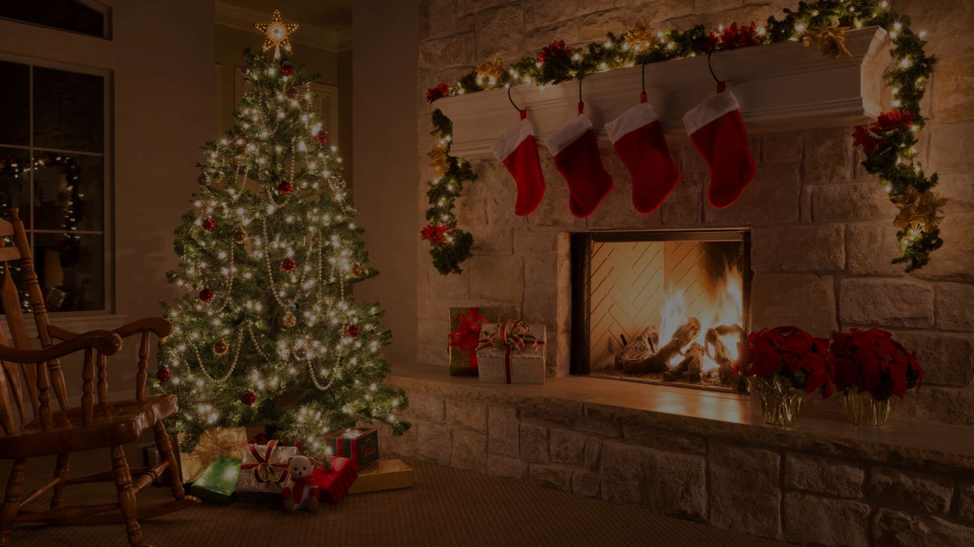 Prelit Christmas Tree with Lit Garlands and stockings