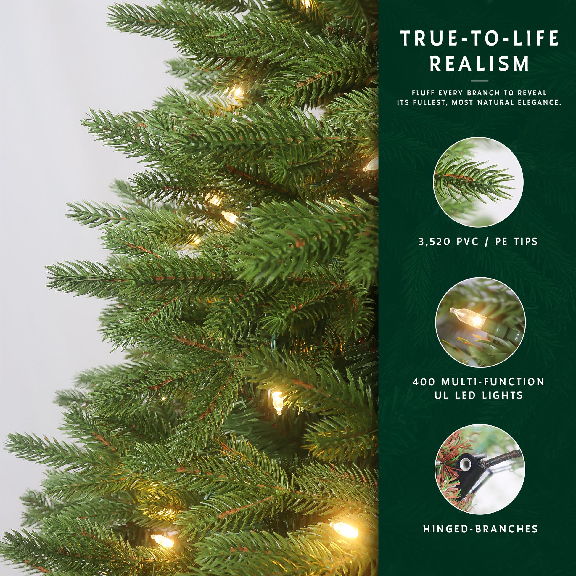 Feature graphic for the prelit grand slim christmas tree, highlighting its 3,520 PE/PVC tips and 400 lights.