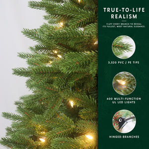 Feature graphic for the prelit grand slim christmas tree, highlighting its 3,520 PE/PVC tips and 400 lights.
