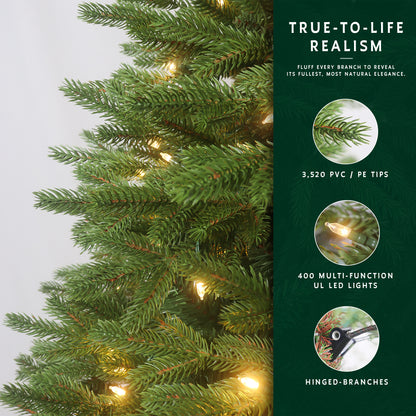 Feature graphic for the prelit grand slim christmas tree, highlighting its 3,520 PE/PVC tips and 400 lights.