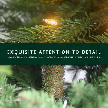 Close-up details of the prelit grand slim christmas tree, showing its realistic foliage and nature-inspired trunk.
