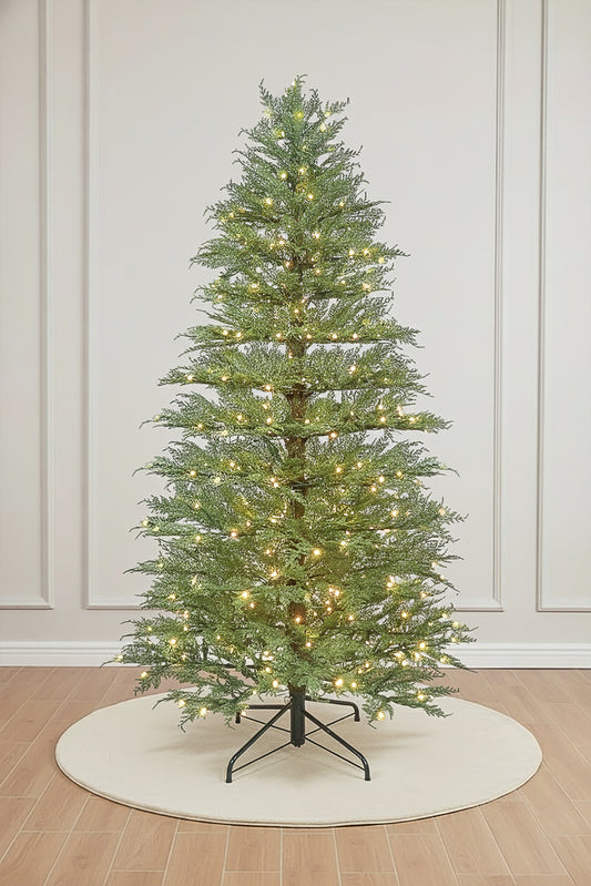 Main product image of the Prelit Minimalist Artificial Cypress Fir Christmas Tree on a white background.