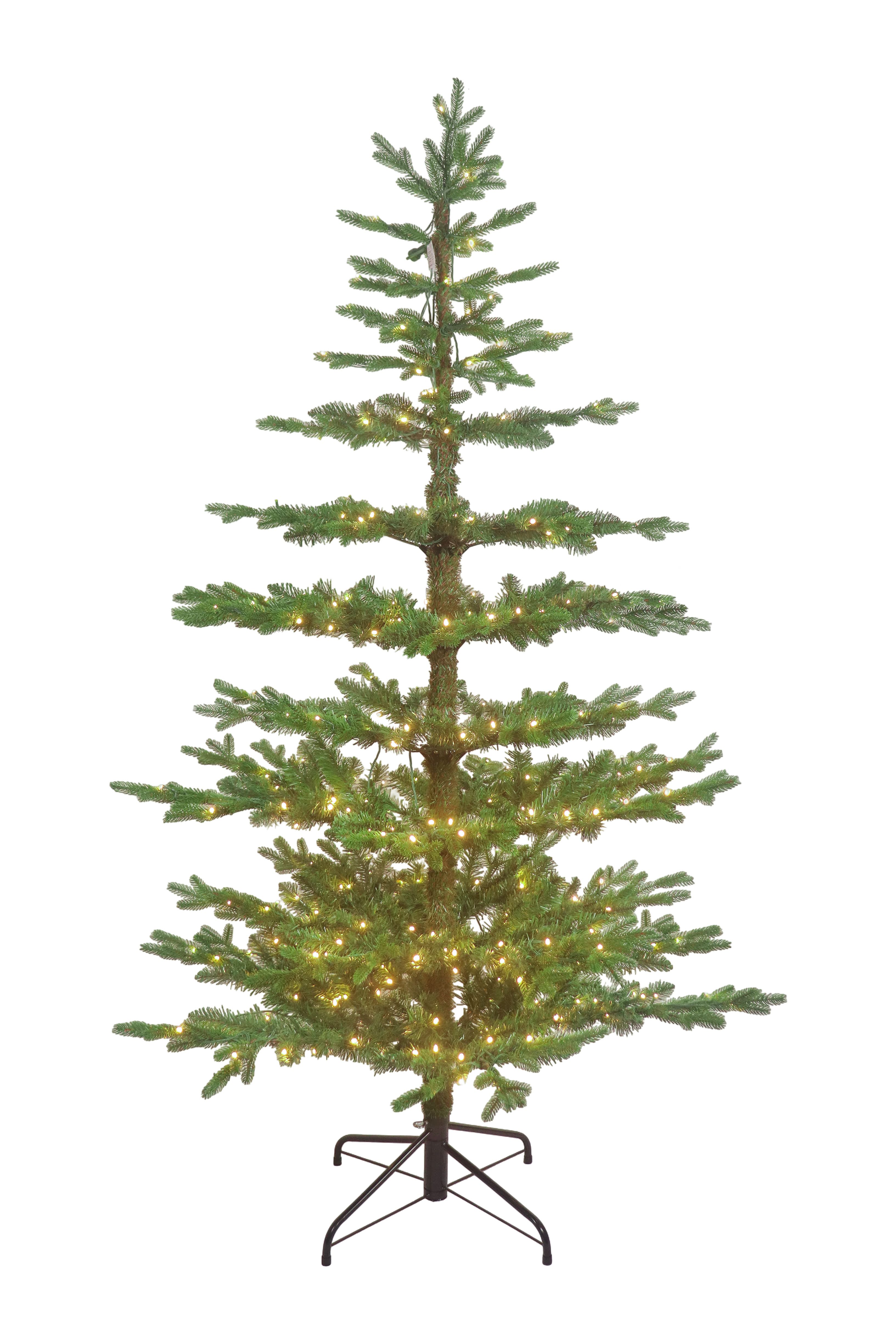 A pre-lit skinny Christmas tree with warm white lights and a sparse, layered noble fir style.