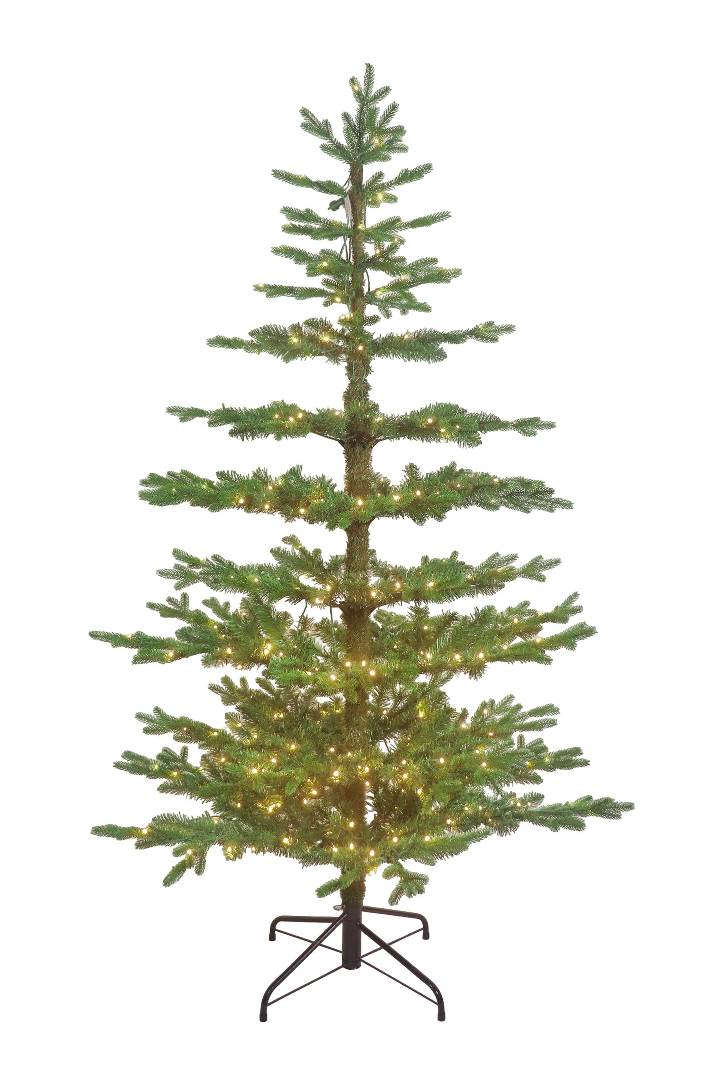 A pre-lit skinny Christmas tree with warm white lights and a sparse, layered noble fir style.