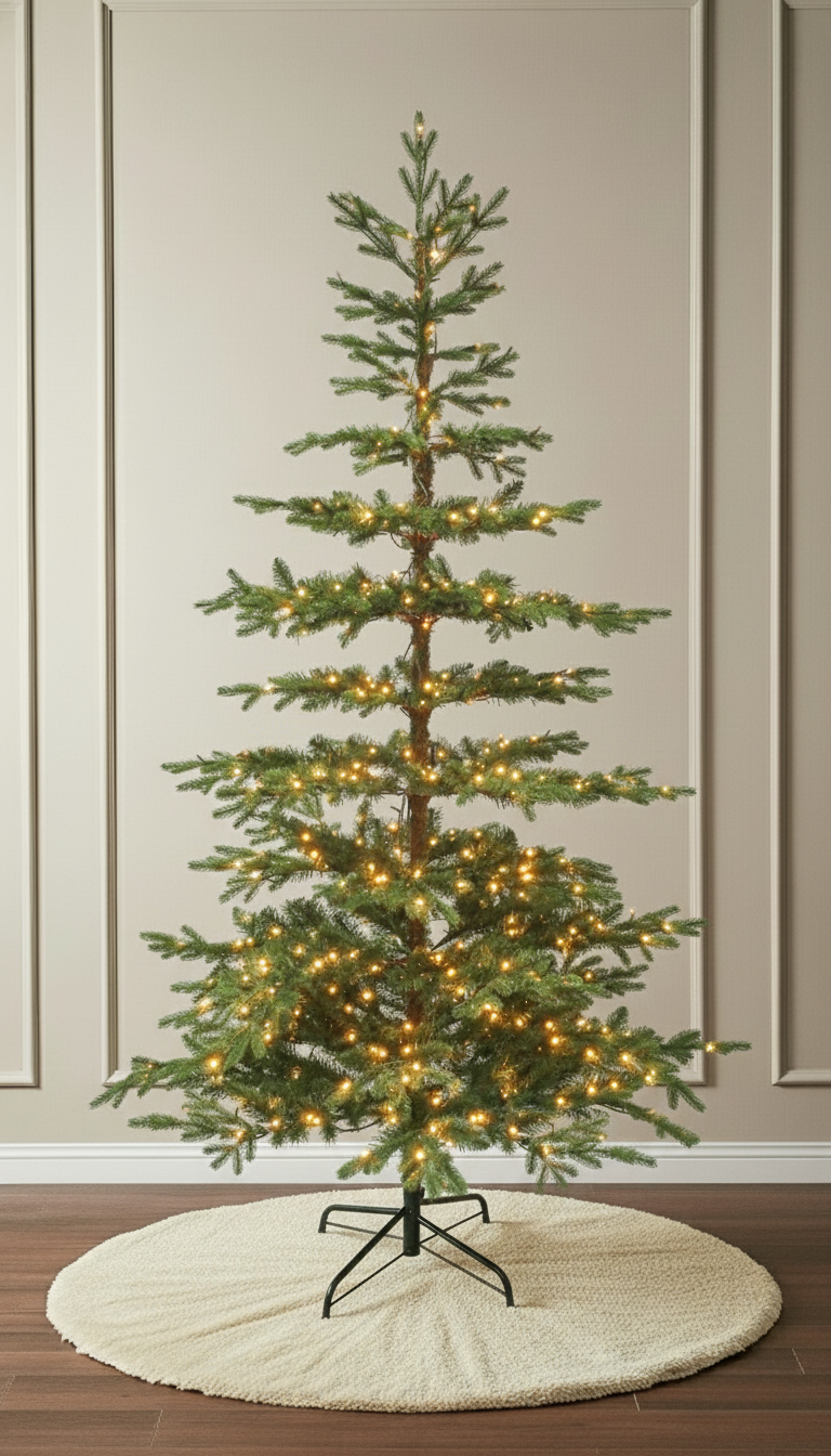 The pre-lit Skinny Winterglade Fir Christmas tree, showing its sparse, modern design and warm lights.