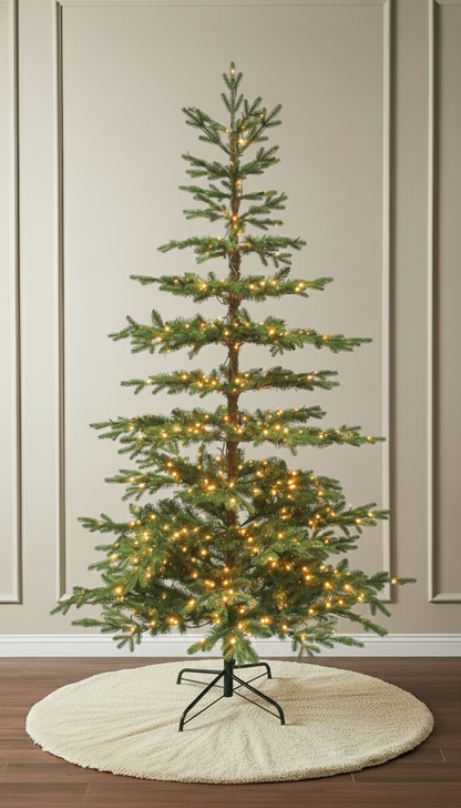 The pre-lit Skinny Winterglade Fir Christmas tree, showing its sparse, modern design and warm lights.