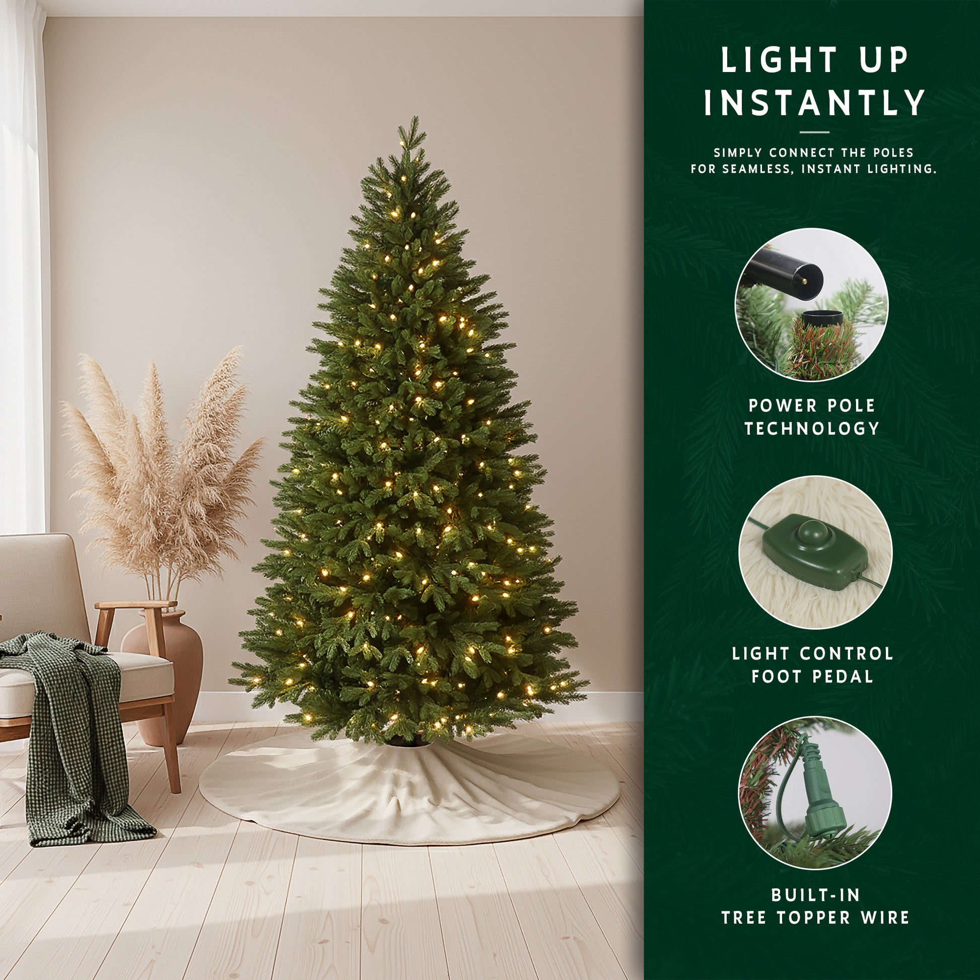 Feature graphic for the prelit slim christmas tree, highlighting its power pole technology and light control foot pedal.