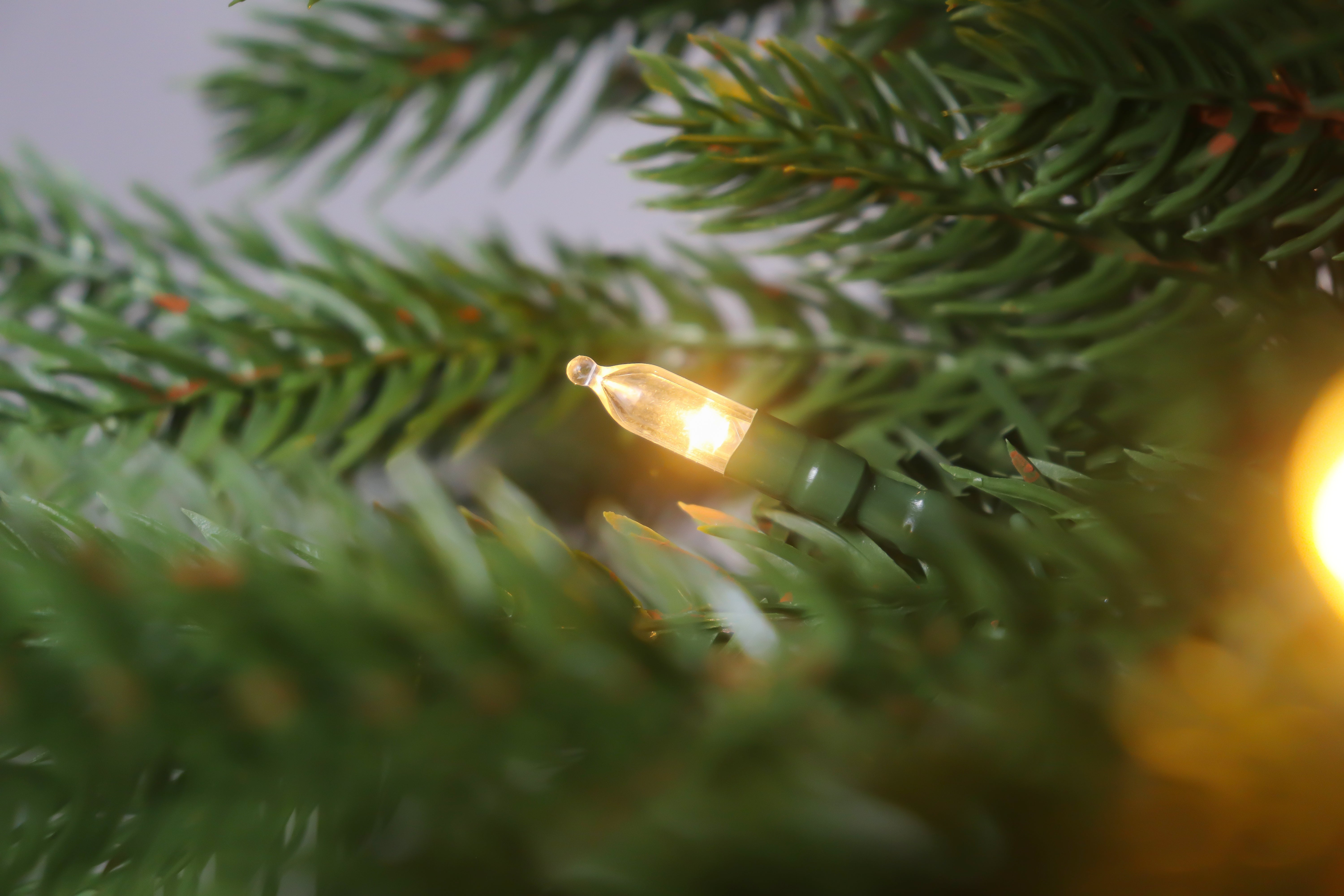 Close-up of a warm white LED light nestled in the realistic branches of the prelit slim christmas tree.