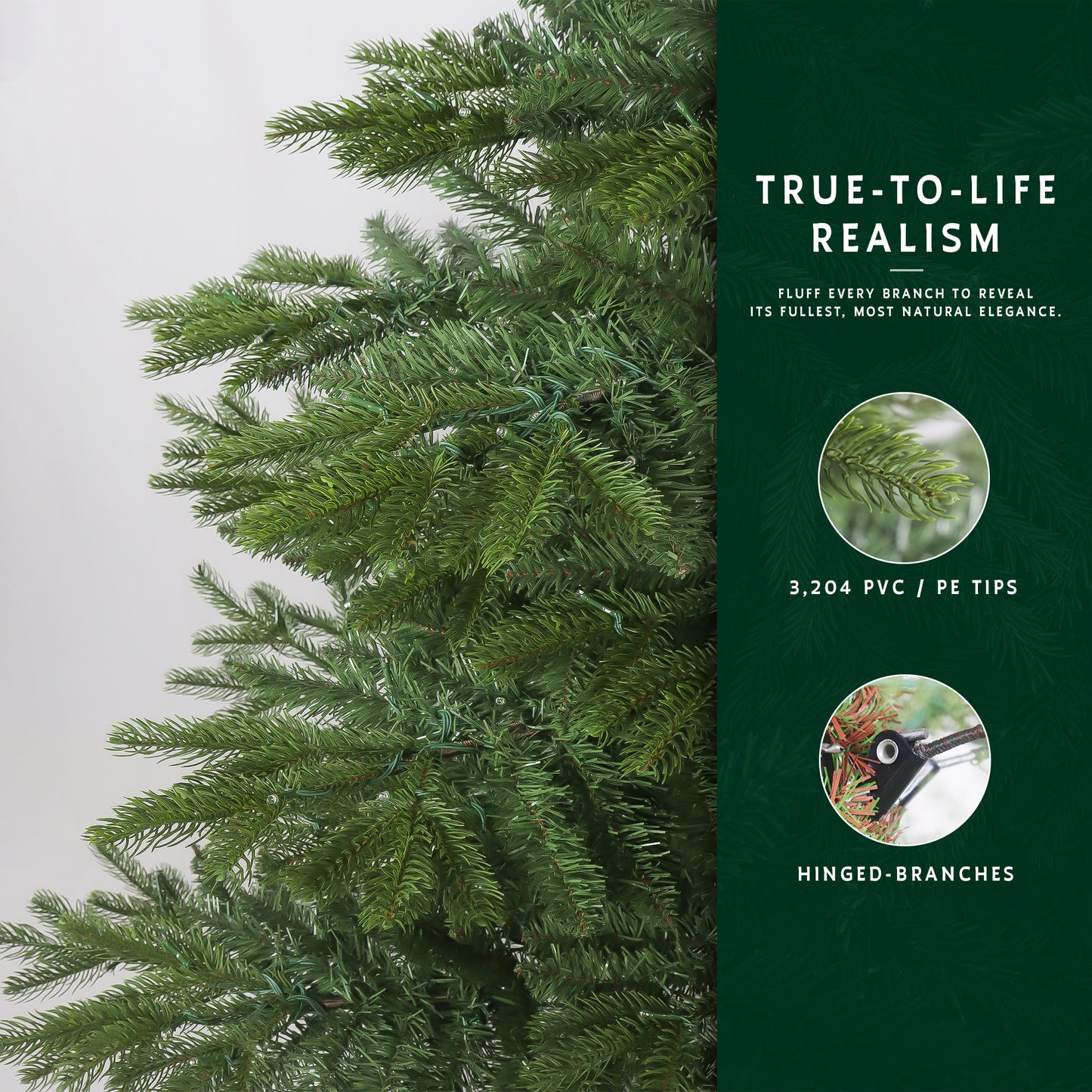 Feature graphic for the premium christmas tree, highlighting its 3,204 PVC/PE tips and hinged branches.