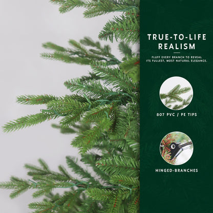 A close-up view of the skinny Christmas tree's branches, highlighting its 807 PVC/PE tips and hinged design.