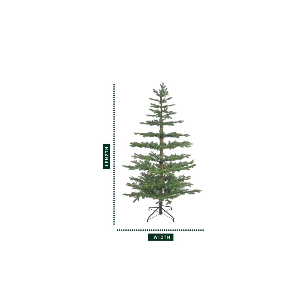 Full profile of the unlit skinny christmas tree with a diagram indicating its length and width.