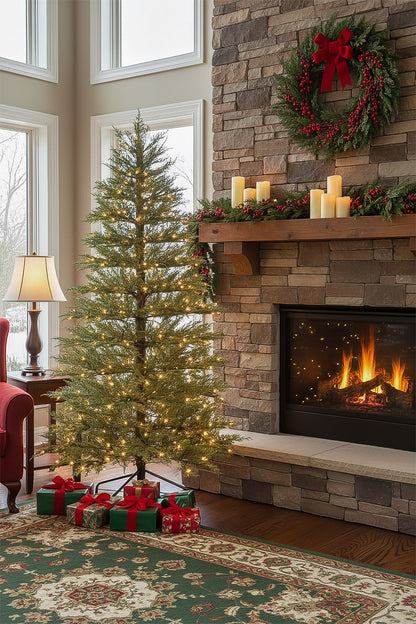 A pre-lit, space saving Christmas tree with presents beneath it, situated next to a stone fireplace.