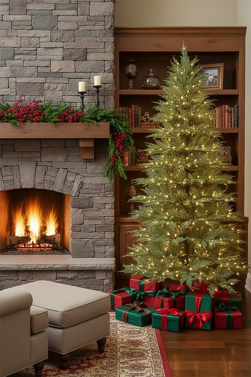 A space saving cypress Christmas tree lit up beside a fireplace and bookshelf in a living room.