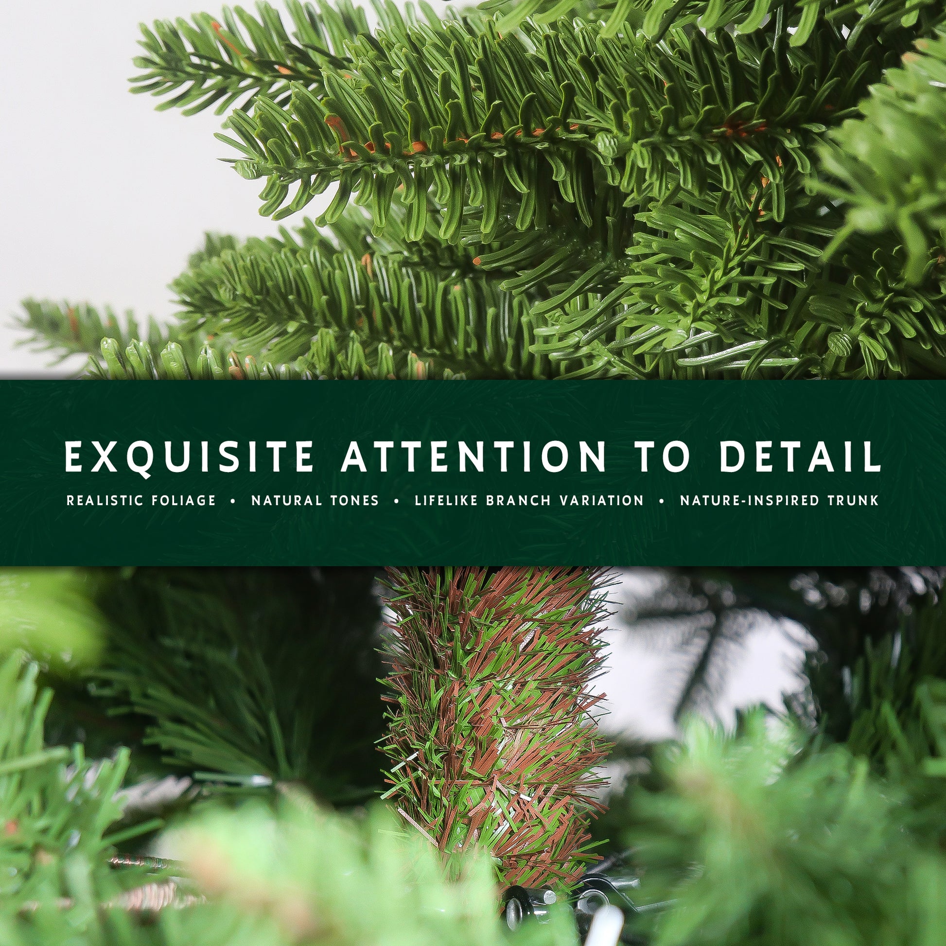 Close-up details of the traditional fraser fir christmas tree, showing its realistic foliage and nature-inspired trunk.