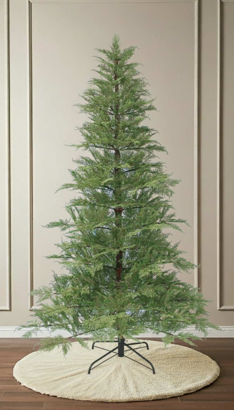 A full-length studio shot of the unlit artificial Cypress Christmas tree, featuring its slender, feathery profile.