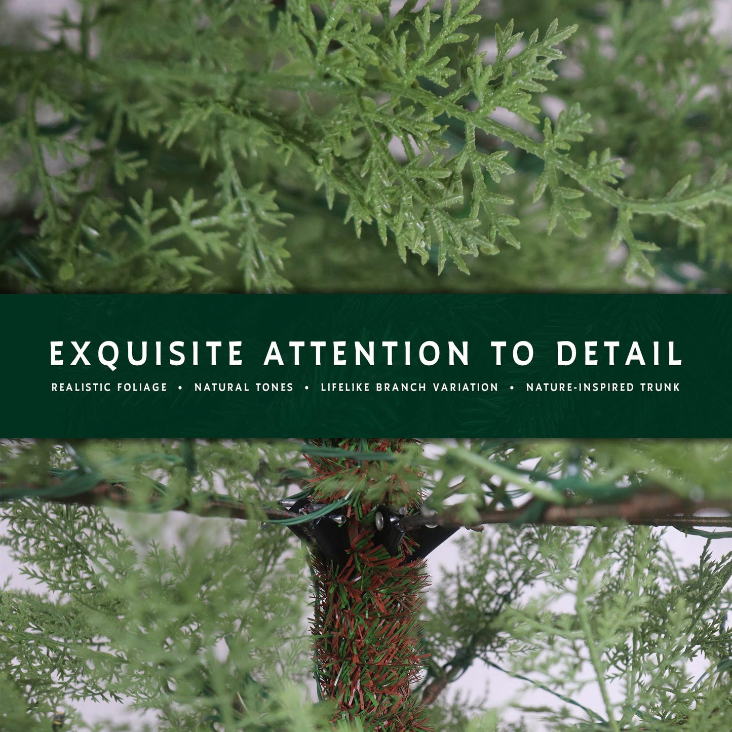 Detailed shots highlighting the realistic foliage and nature-inspired trunk of the unlit cypress tree.