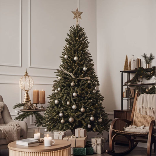 Unlit Christmas Tree with silver ornaments and gifts