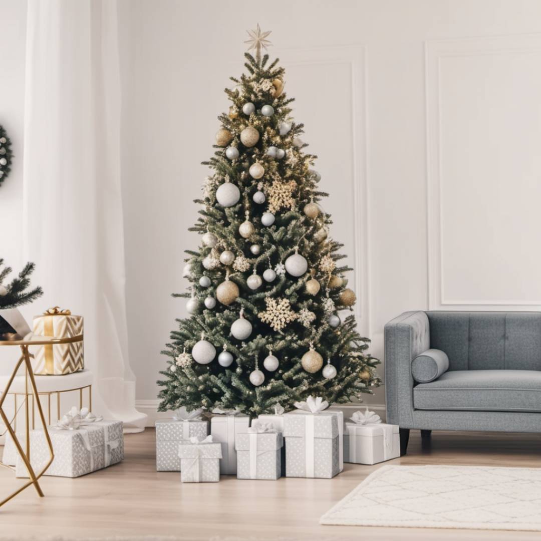 Unlit Christmas Tree with white and gold ornaments and gifts