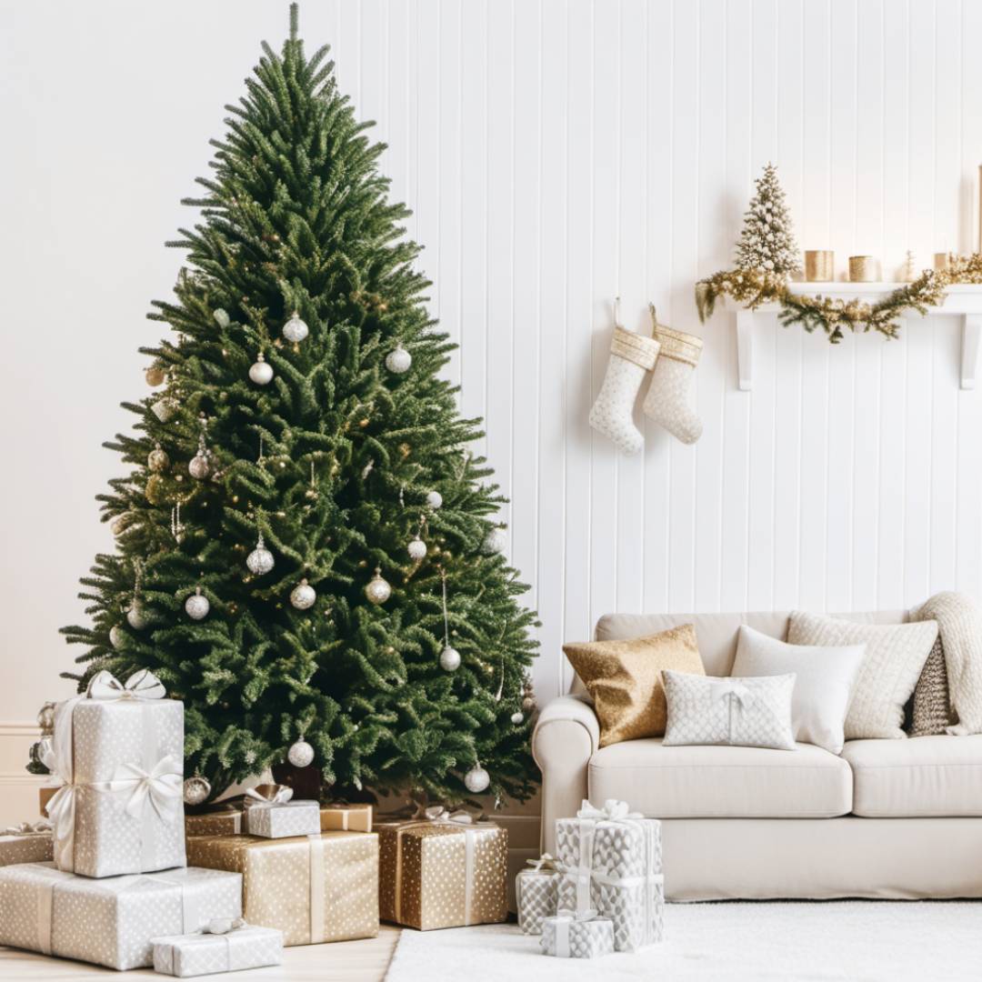 Unlit Christmas Tree with white ornaments and gifts