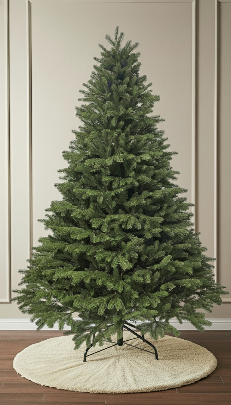 A full view of the unlit Verdelle Fir Christmas tree, featuring a classic cone shape and dense, lush foliage.