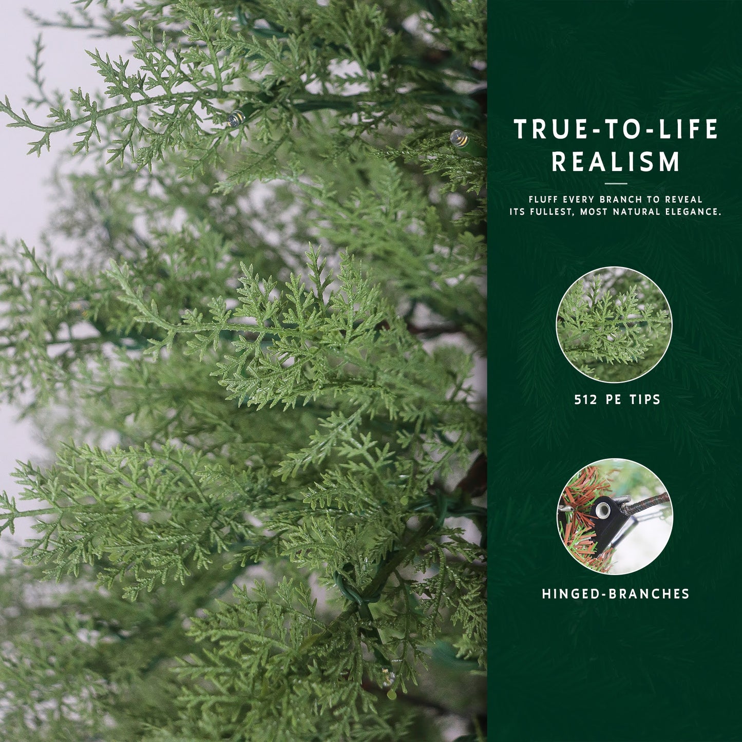 Close-up on the realistic PE tips and hinged branches of the unlit artificial cypress Christmas tree.